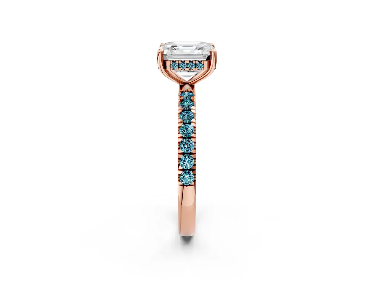 Asscher Cut Diamond Pave Band Solitaire Ring with Round Blue Topaz and Prong Setting Rose gold