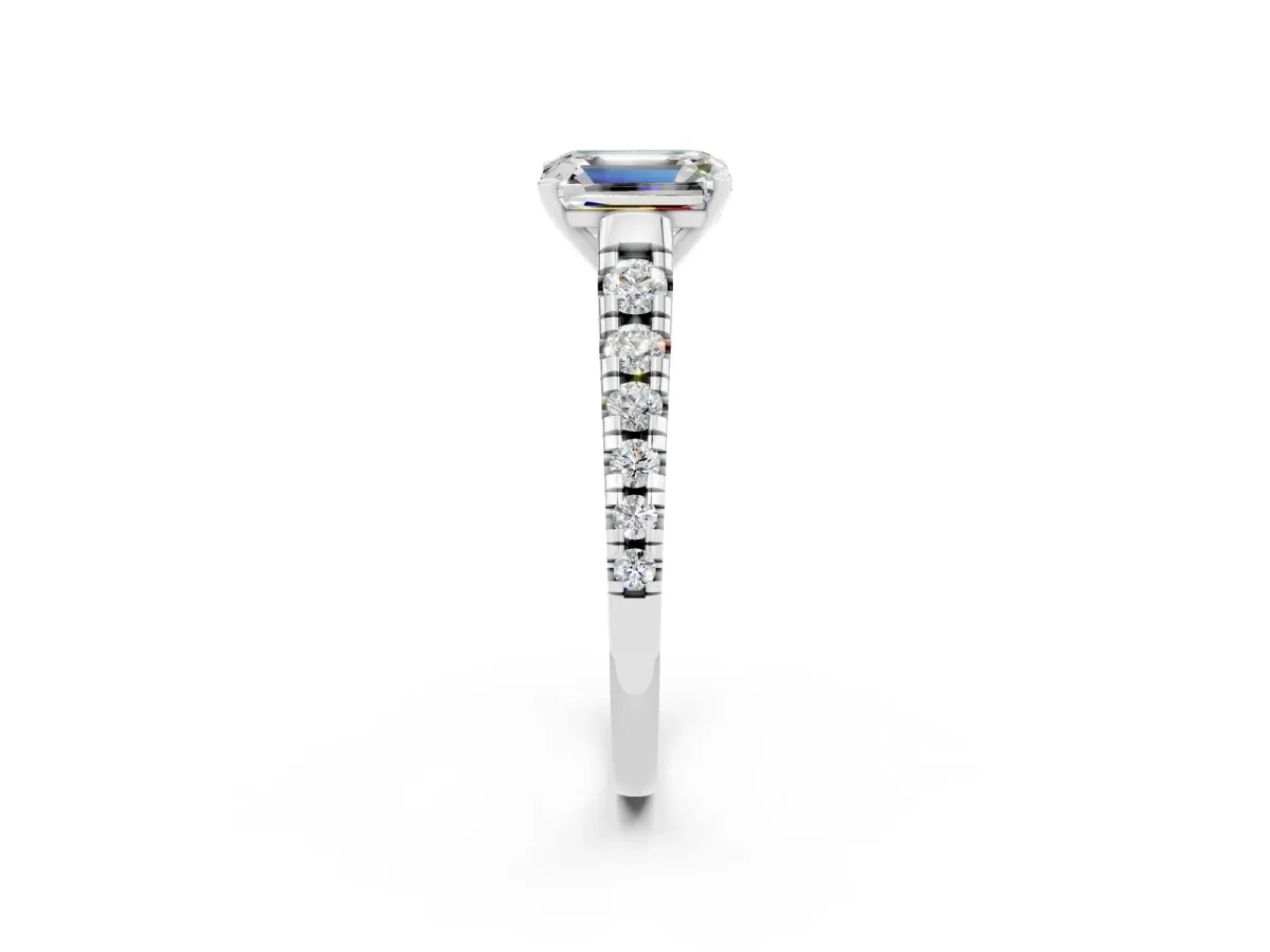 Emerald Cut Moissanite Cathedral Solitaire Ring with Round Pavé Band Platinum