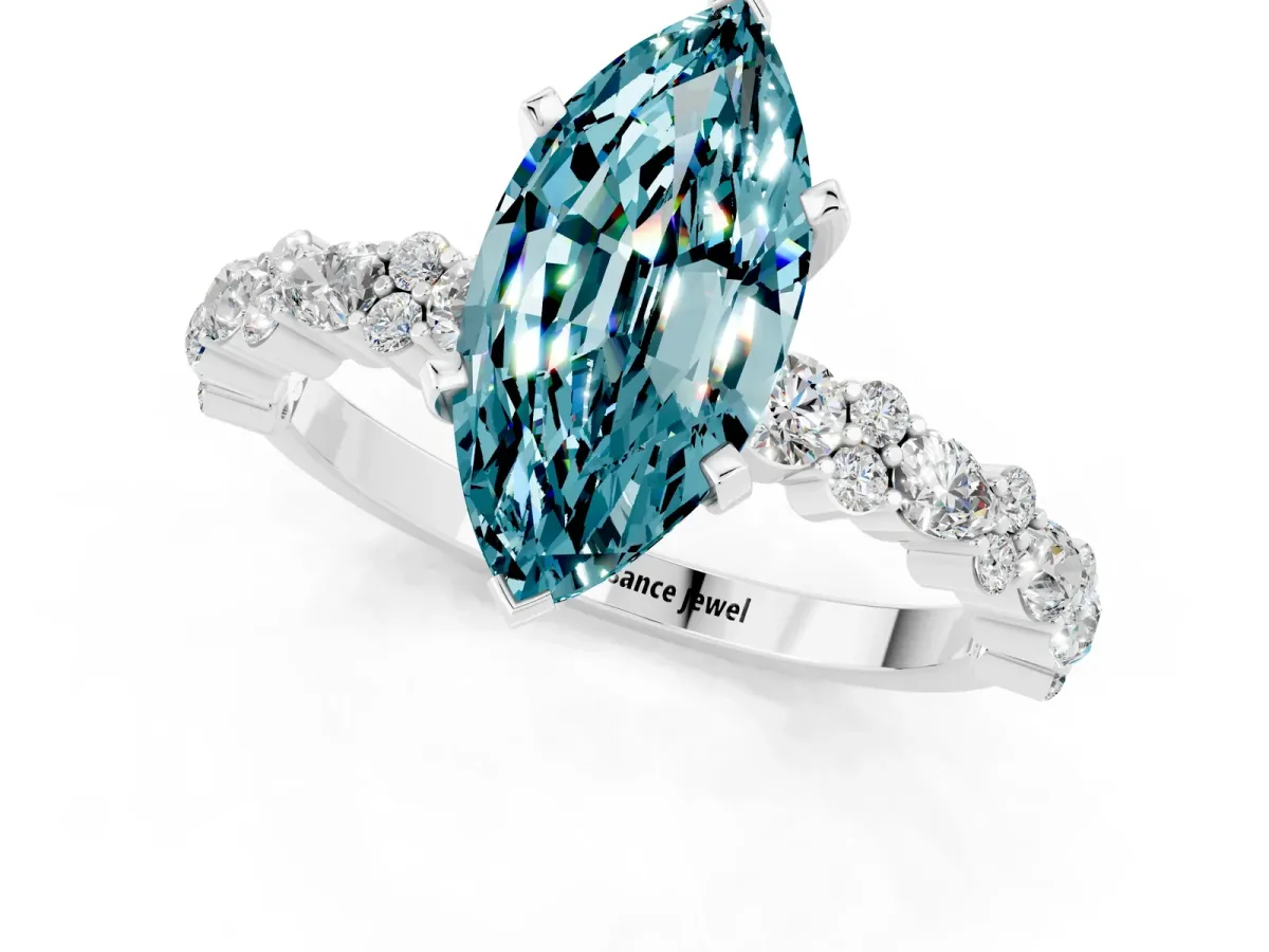 Marquise Cut Blue Topaz Side Stone Solitaire Ring with Round and Four-Prong Setting White gold