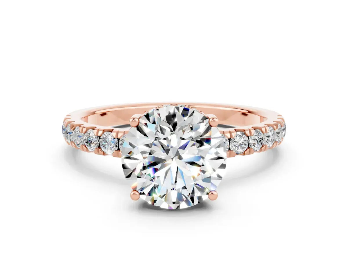Round Cut Moissanite Pave Band Solitaire Ring with Round and Prong Setting Rose gold