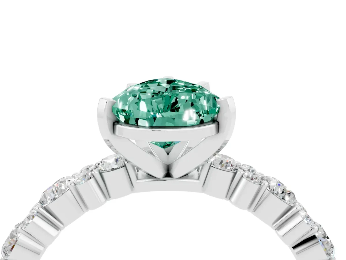 Pear Cut Green Sapphire Side Stone Solitaire Ring with Round and Four-Prong Setting White gold