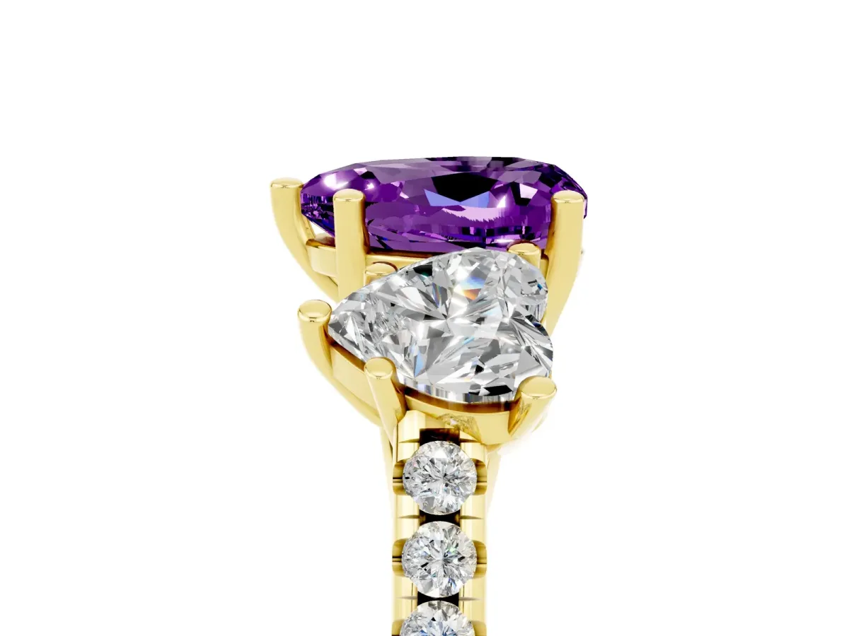 Three-Stone Heart Cut Amethyst Ring with Round Pavé Band and Prong Setting Yellow gold