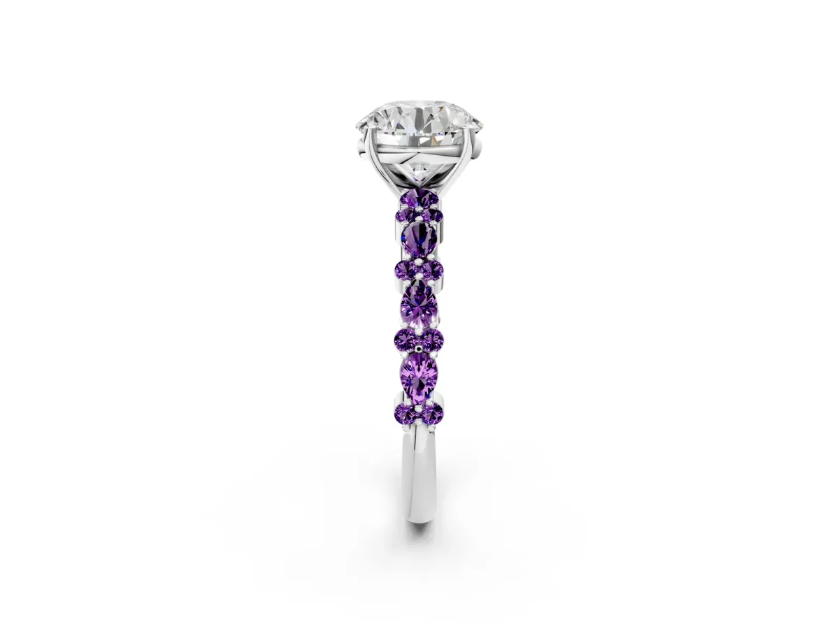 Round Cut Diamond Side Stone Solitaire Ring with Round Amethyst and Four-Prong Setting Silver