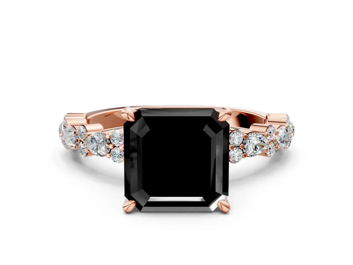 Fancy Black Asscher Cut Diamond Side Stone Solitaire Ring with Round and Four-Prong Setting Rose gold
