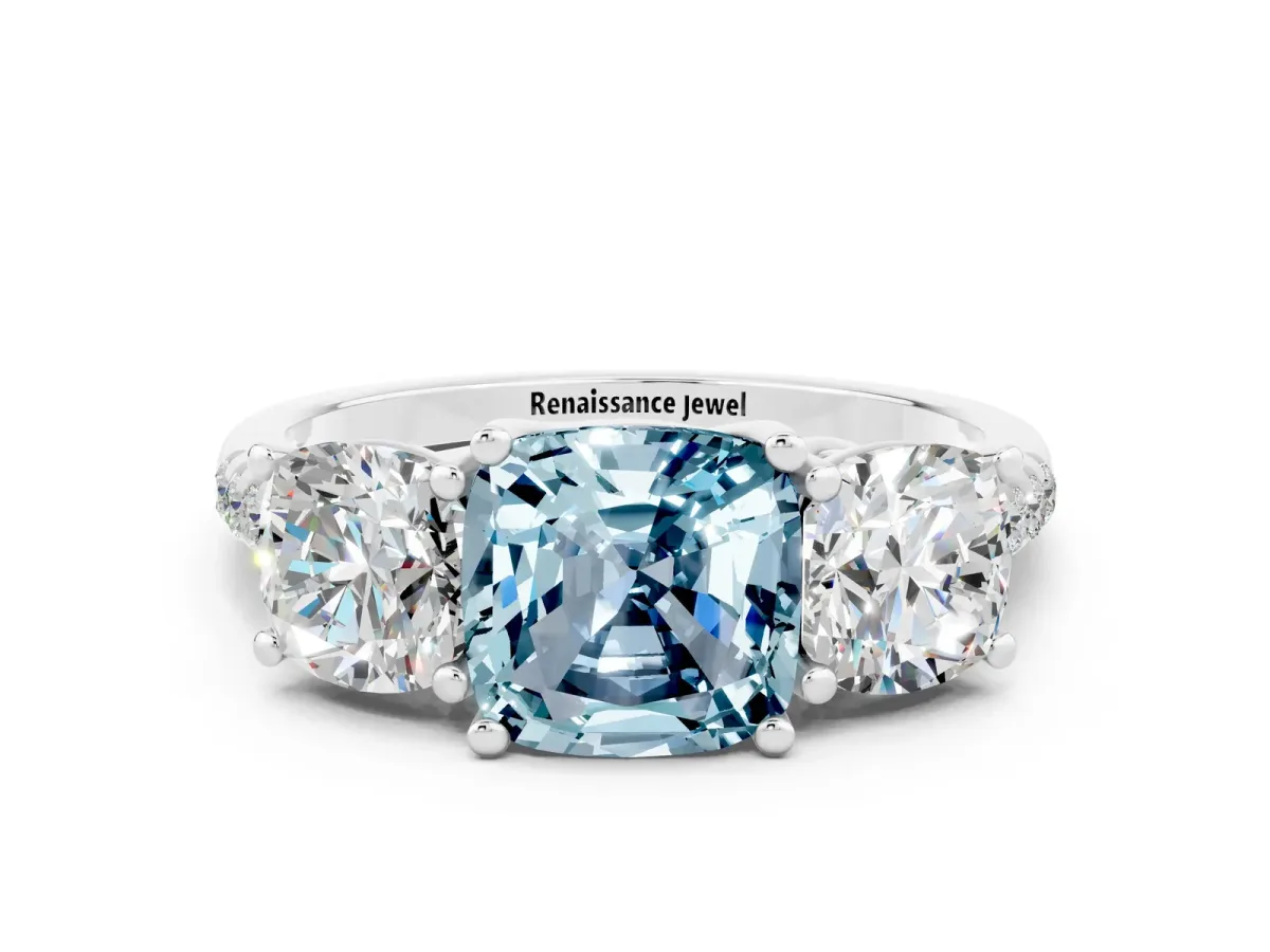 Three-Stone Cushion Cut Aquamarine Ring with Round Pavé Band and Prong Setting White gold