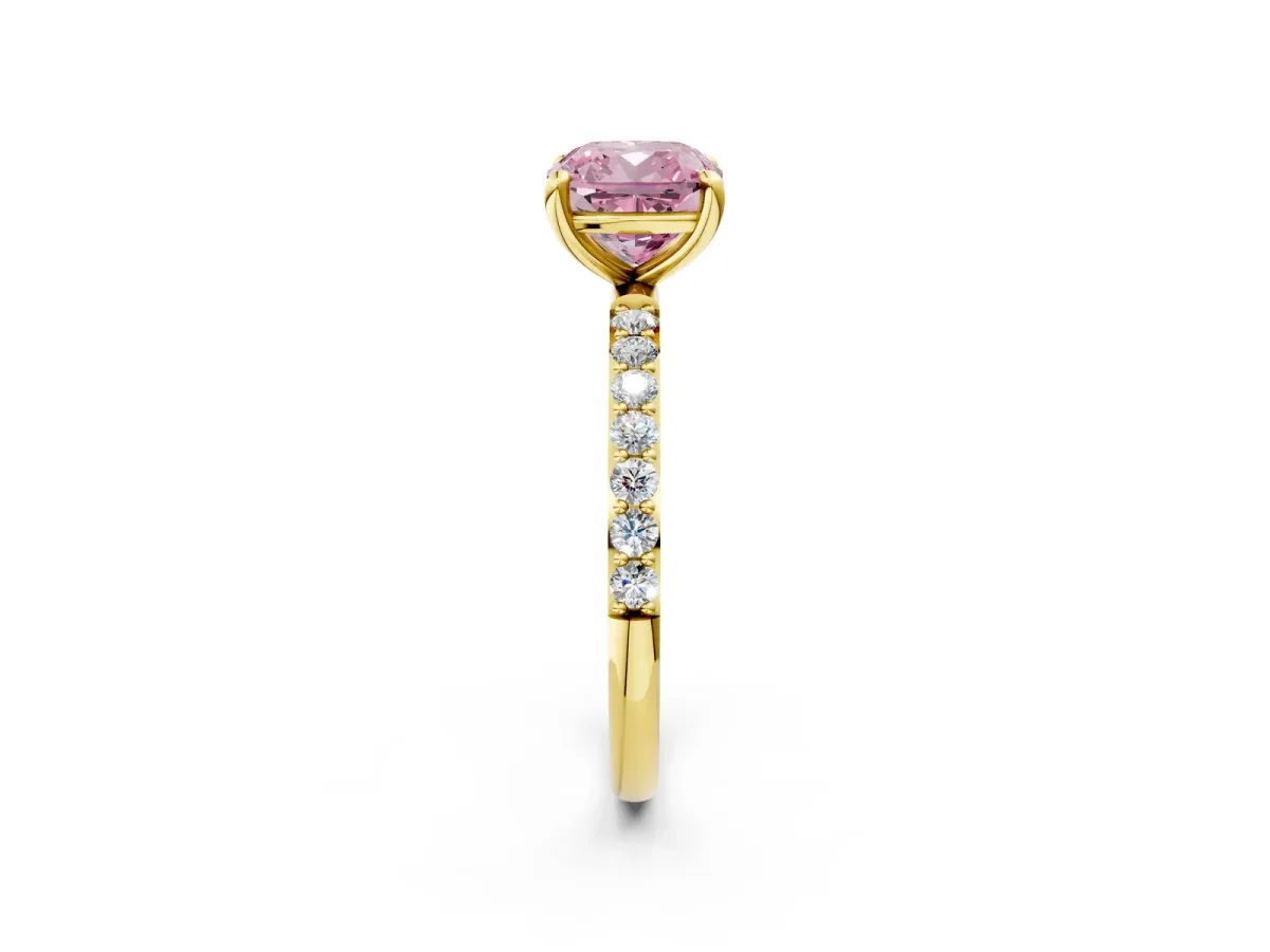 Fancy Pink Cushion Cut Diamond Solitaire Ring with Round Pavé Band and Prong Setting Yellow gold