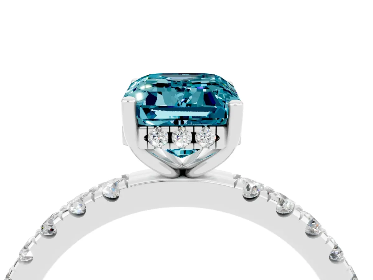 Emerald Cut Blue Topaz Pave Band Solitaire Ring with Round and Prong Setting Platinum