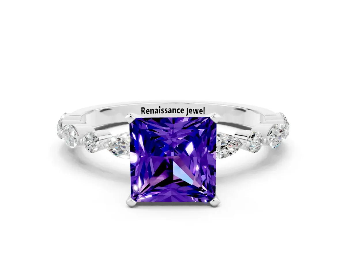 Princess Cut Tanzanite Ring with Marquise and Round Side Stones and Four-Prong Setting Silver