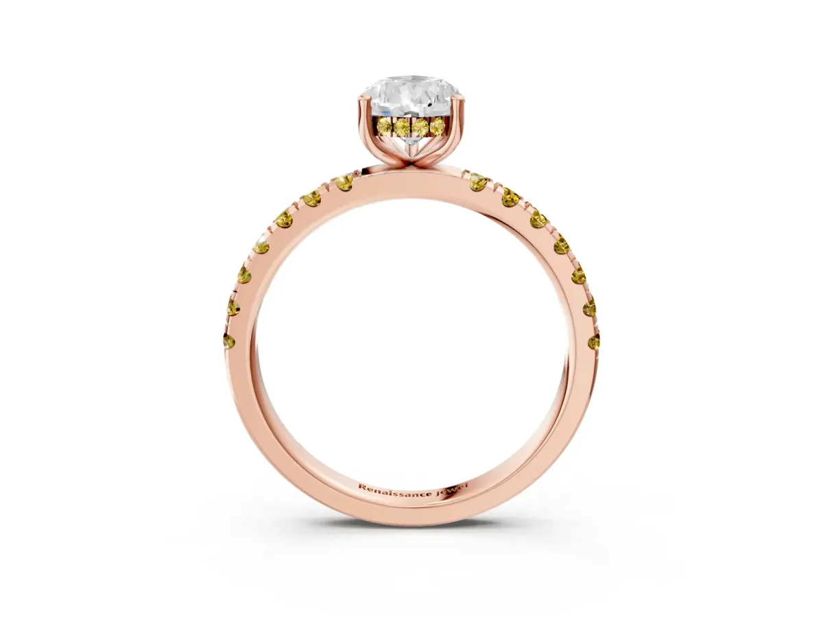 Pear Cut Diamond Pave Band Solitaire Ring with Round Yellow Sapphire and Prong Setting Rose gold