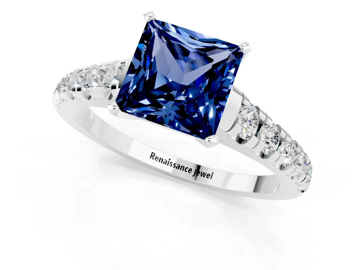 Princess Cut Blue Sapphire Cathedral Solitaire Ring with Round Pavé Band Platinum