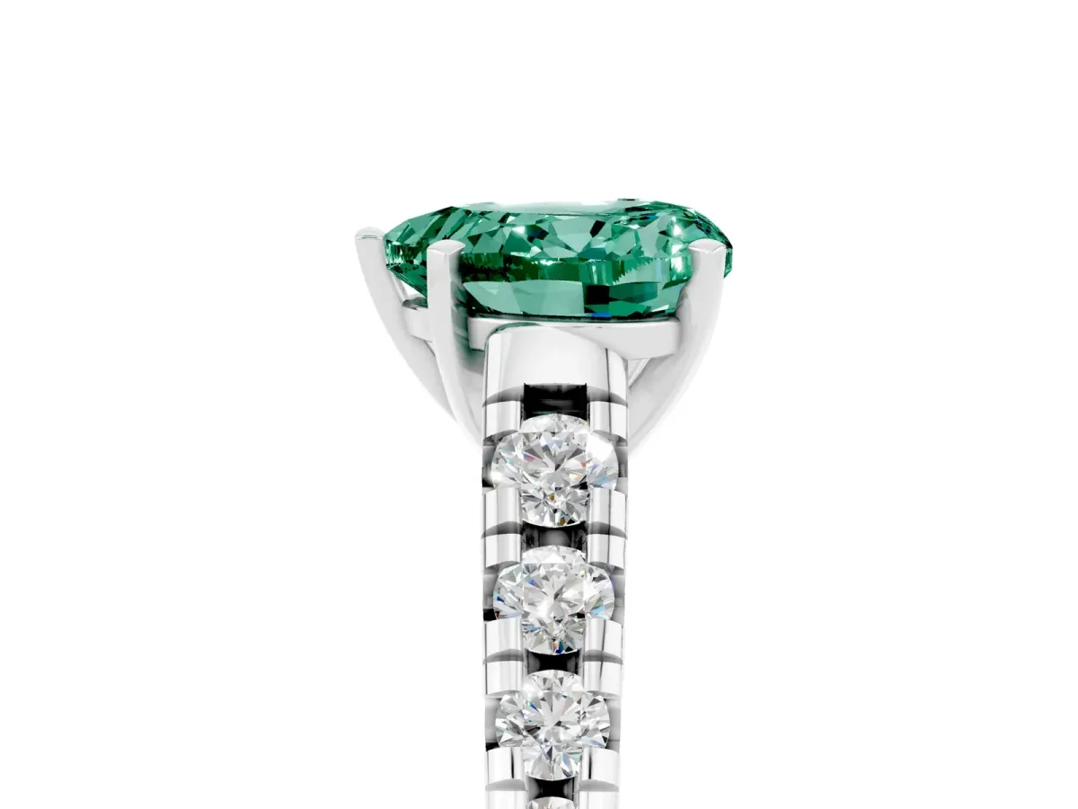 Heart Cut Green Sapphire Cathedral Solitaire Ring with Round Pavé Band Platinum