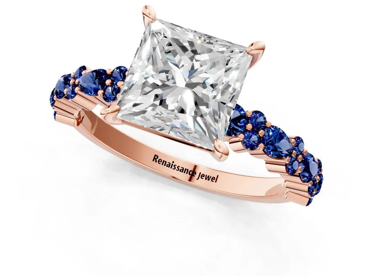Princess Cut Diamond Side Stone Solitaire Ring with Round Blue Sapphire and Four-Prong Setting Rose gold