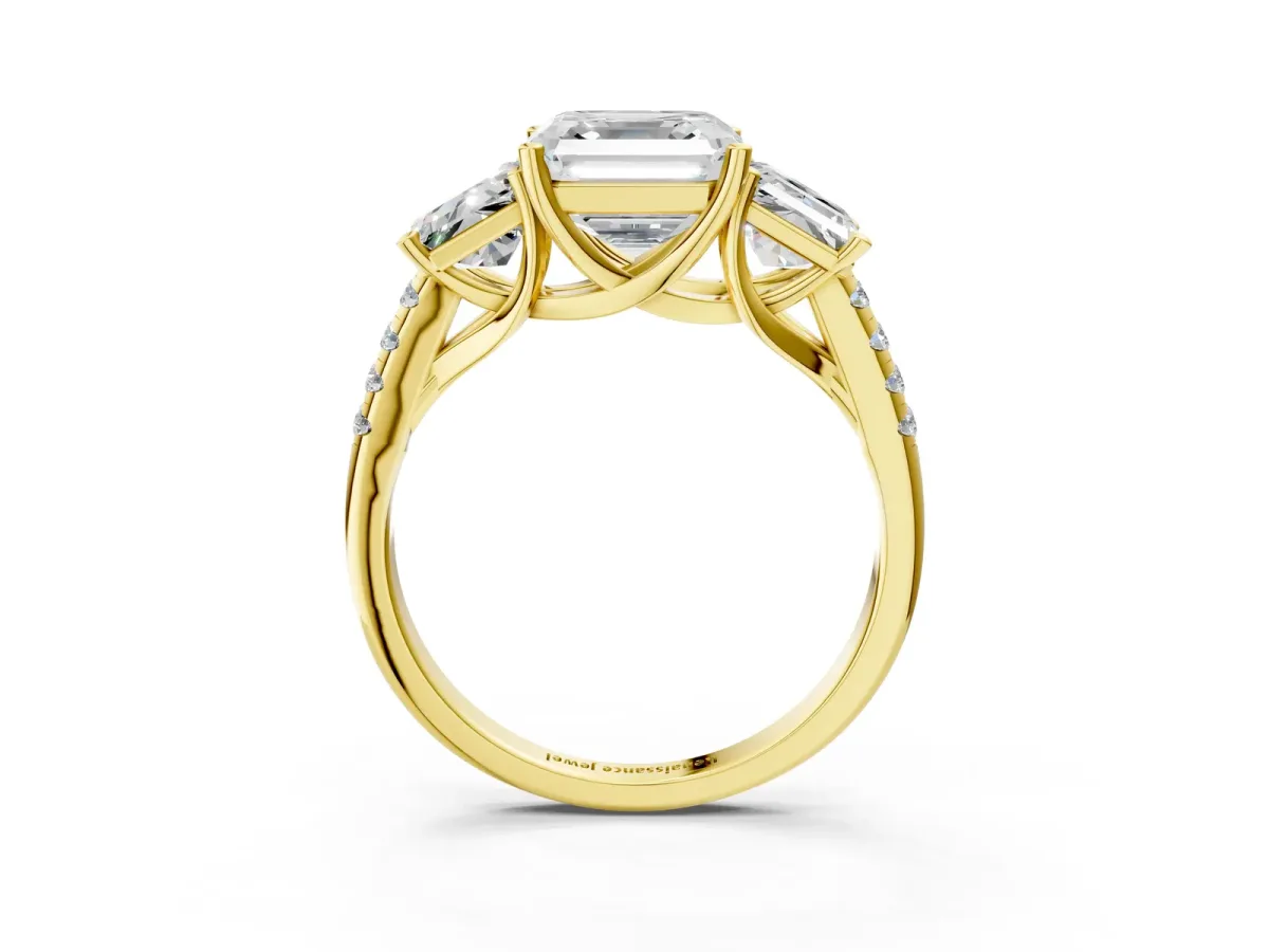 Three-Stone Asscher Cut Diamond Ring with Round Moissanite Pavé Band and Prong Setting Yellow gold