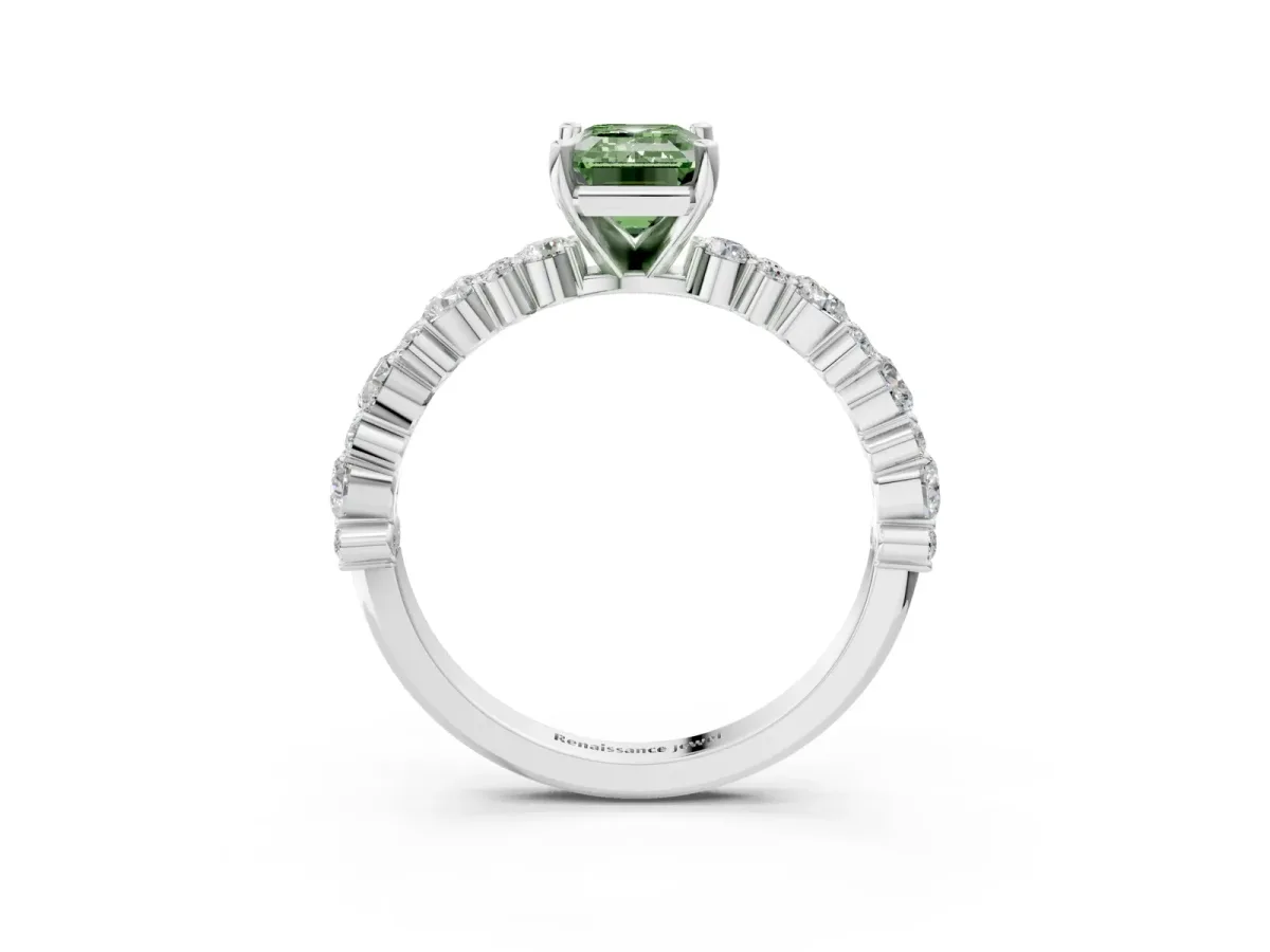 Fancy Green Emerald Cut Diamond Side Stone Solitaire Ring with Round and Four-Prong Setting Platinum