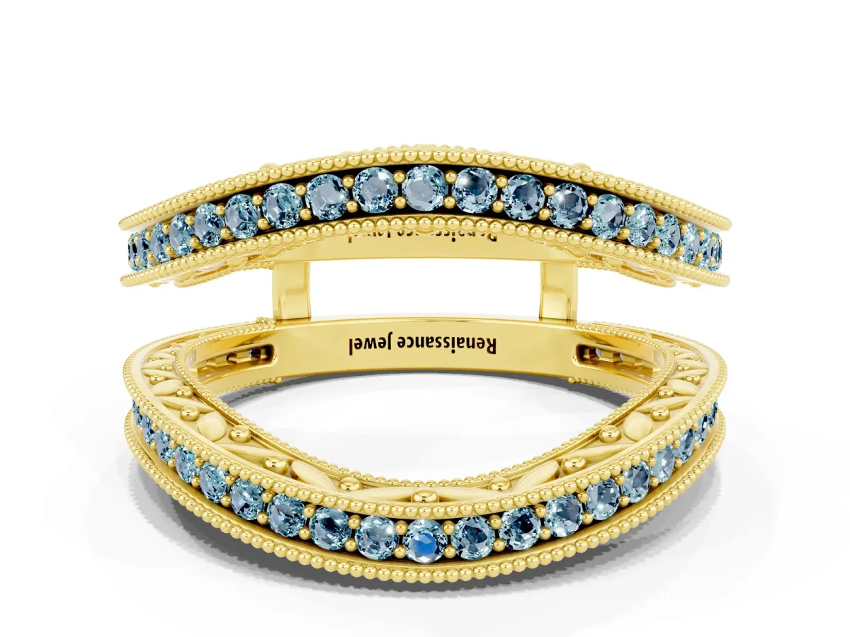 Round Aquamarine Milgrain Eternity Band with Channel Setting Yellow gold