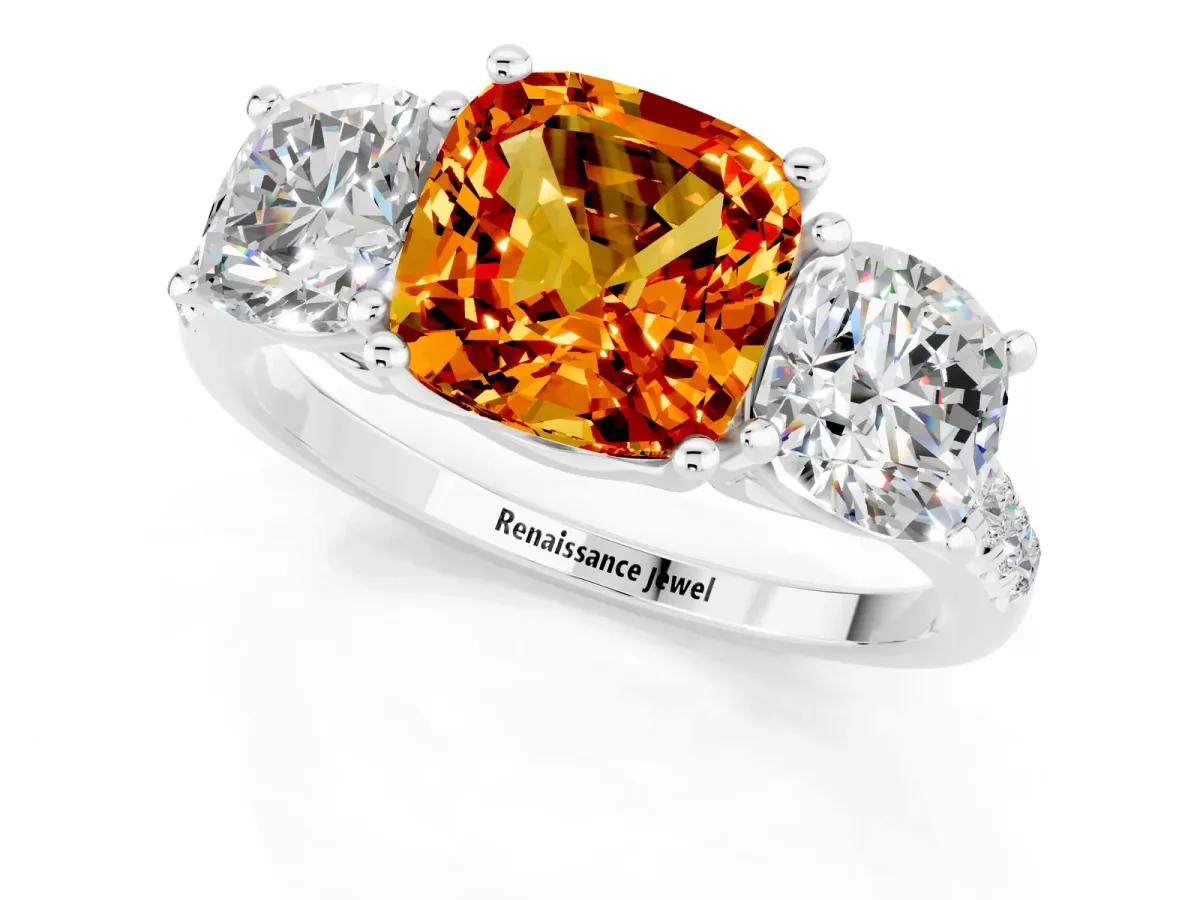 Three-Stone Cushion Cut Citrine Ring with Round Pavé Band and Prong Setting Silver