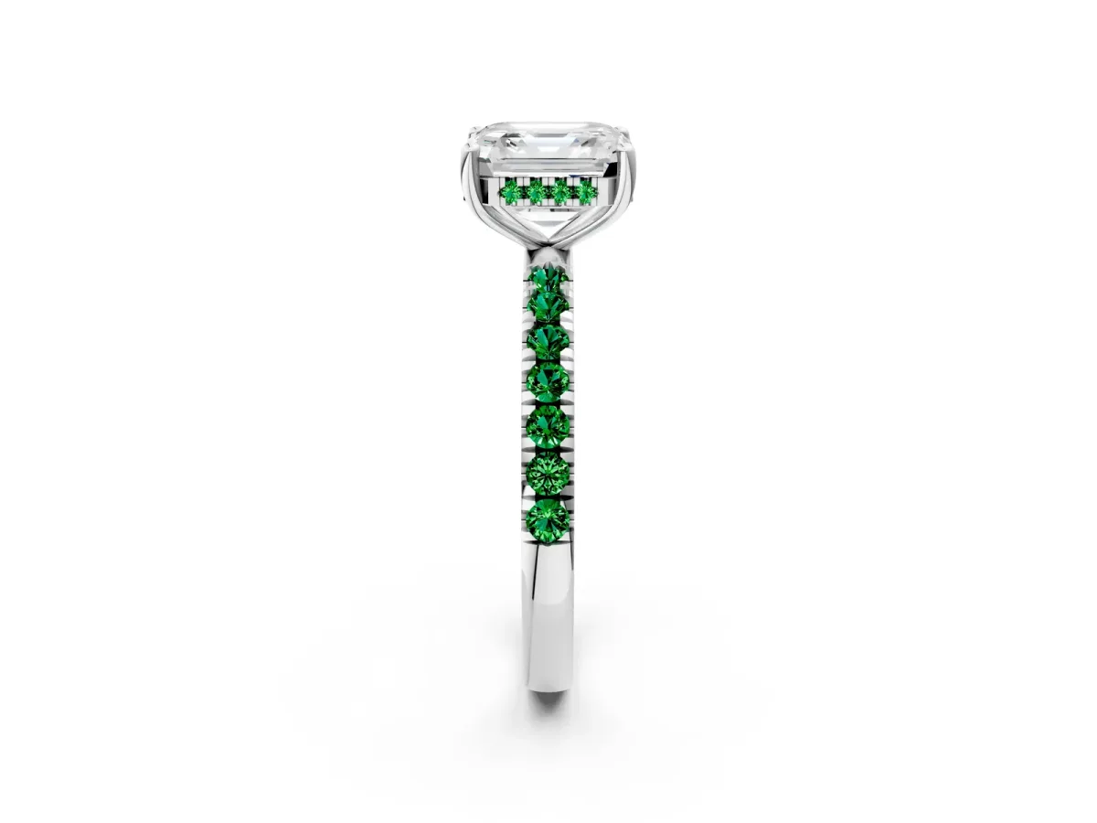 Asscher Cut Diamond Pave Band Solitaire Ring with Round Emerald and Prong Setting Platinum