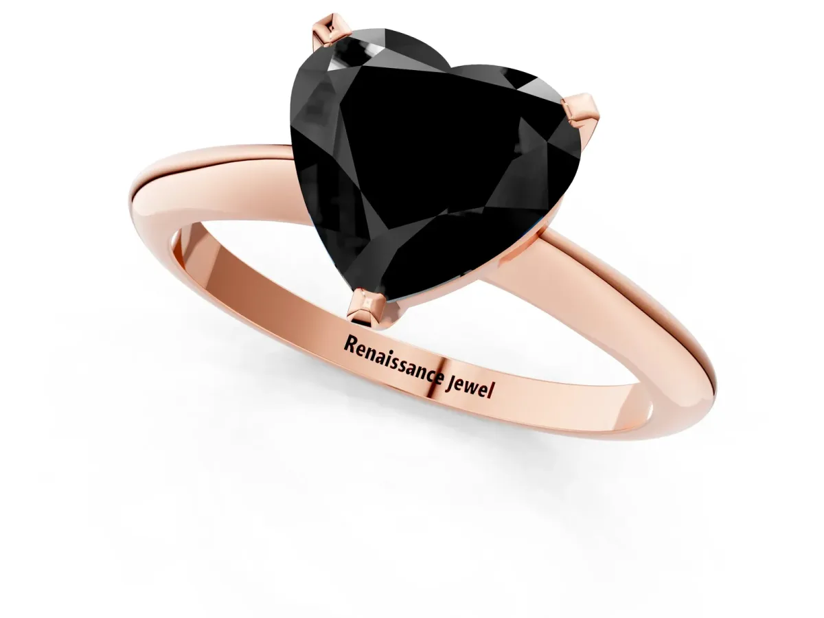 Fancy Black Heart Cut Diamond Solitaire Engagement Ring with Classic Band and Four-Prong Setting Rose gold