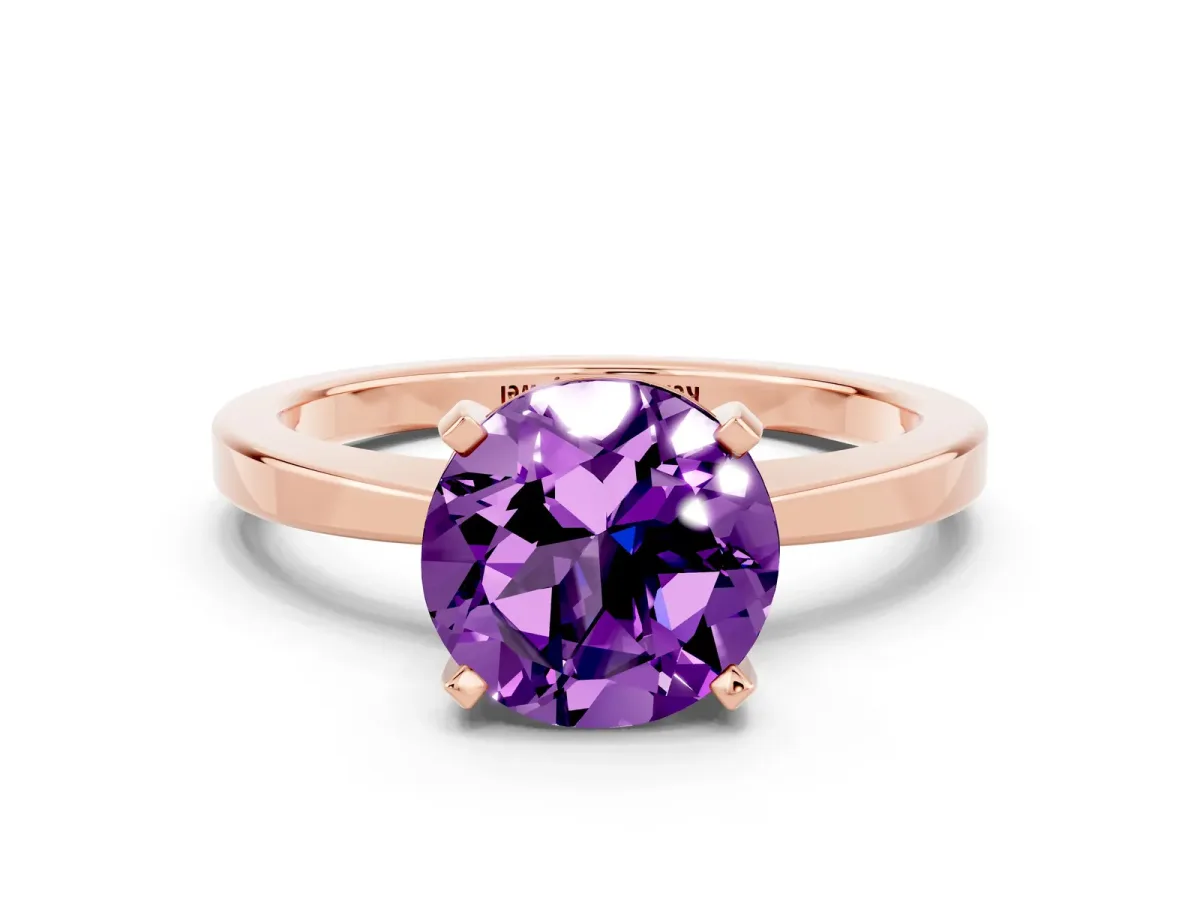 Round Cut Amethyst Solitaire Engagement Ring with Classic Band and Four-Prong Setting Rose gold