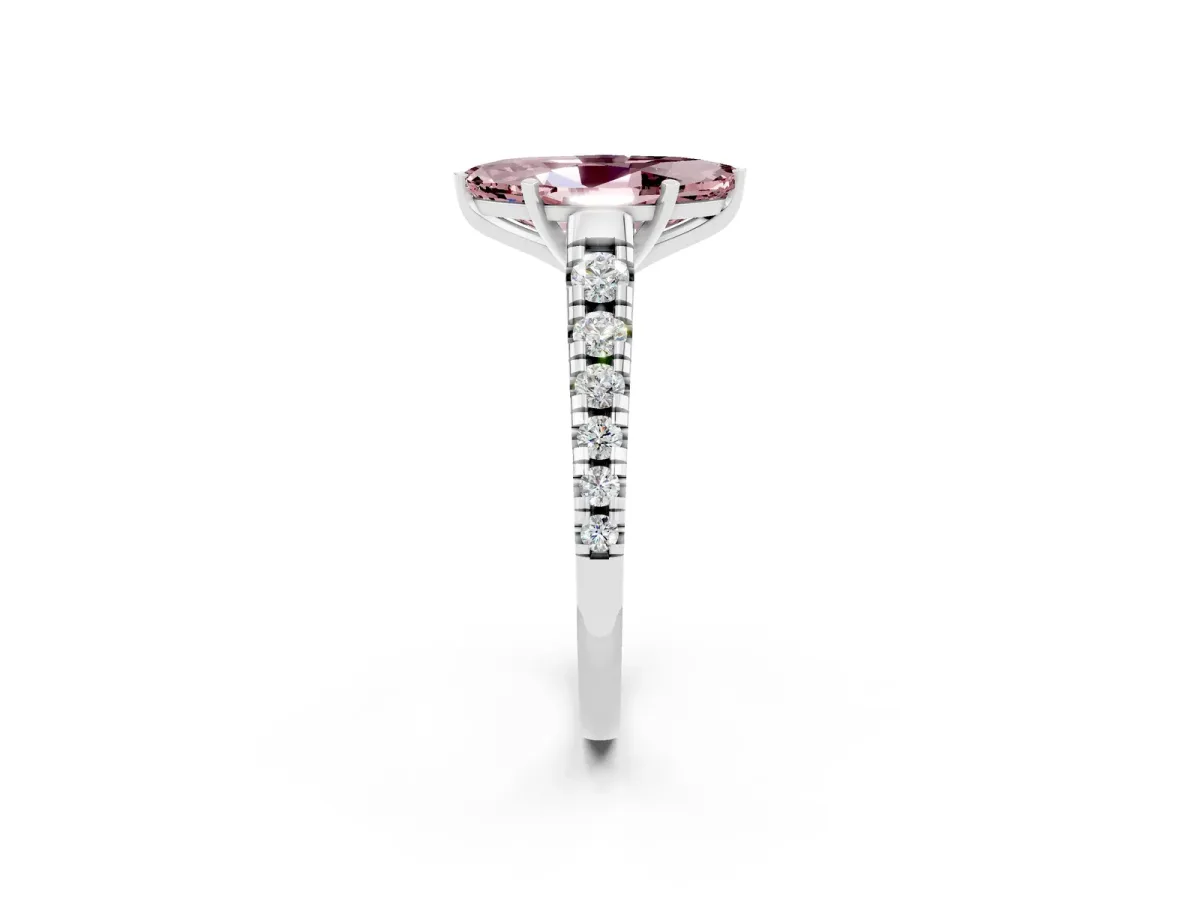 Marquise Cut Morganite Cathedral Solitaire Ring with Round Pavé Band Silver