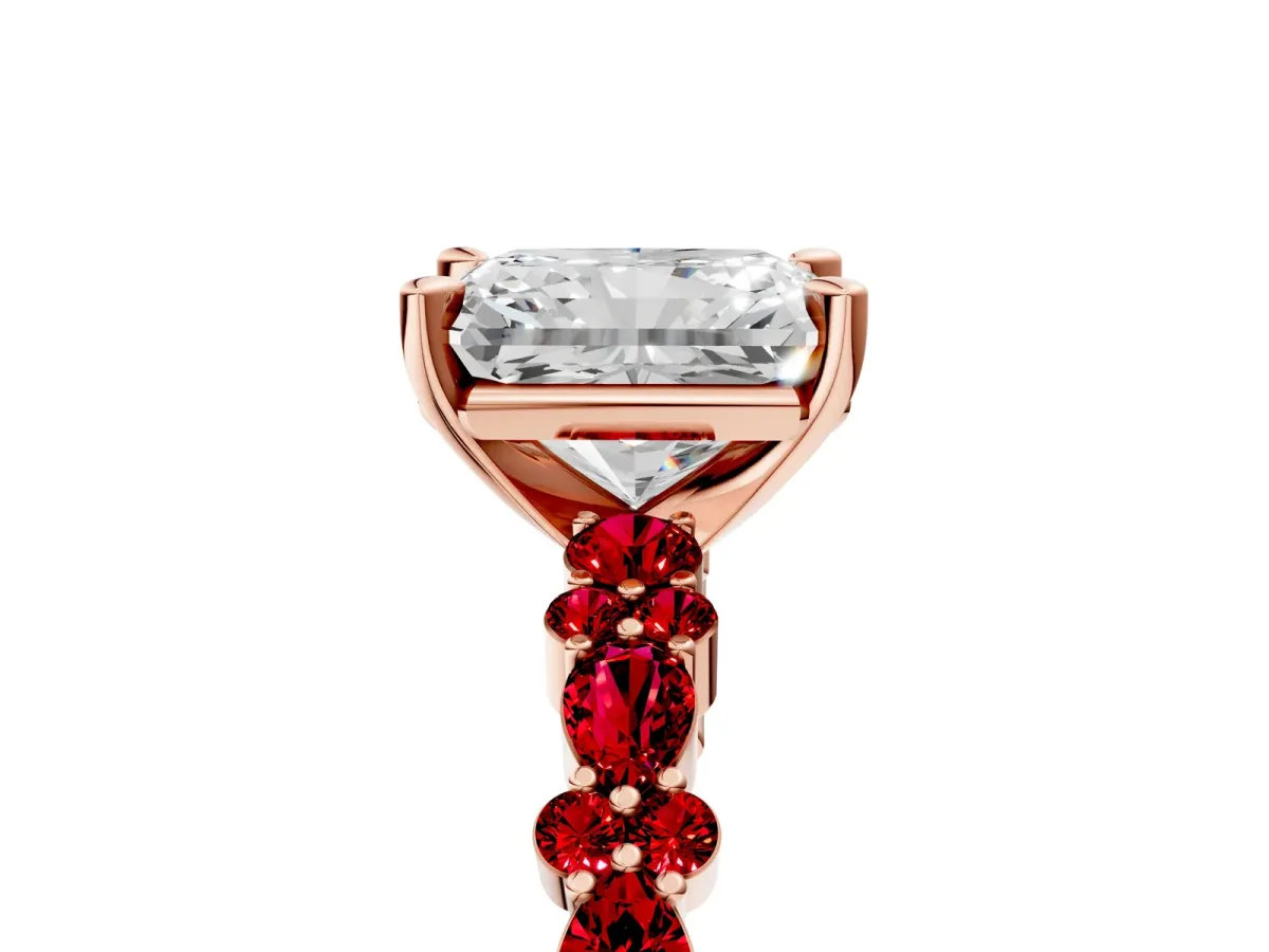 Radiant Cut Diamond Side Stone Solitaire Ring with Round Ruby and Four-Prong Setting Rose gold