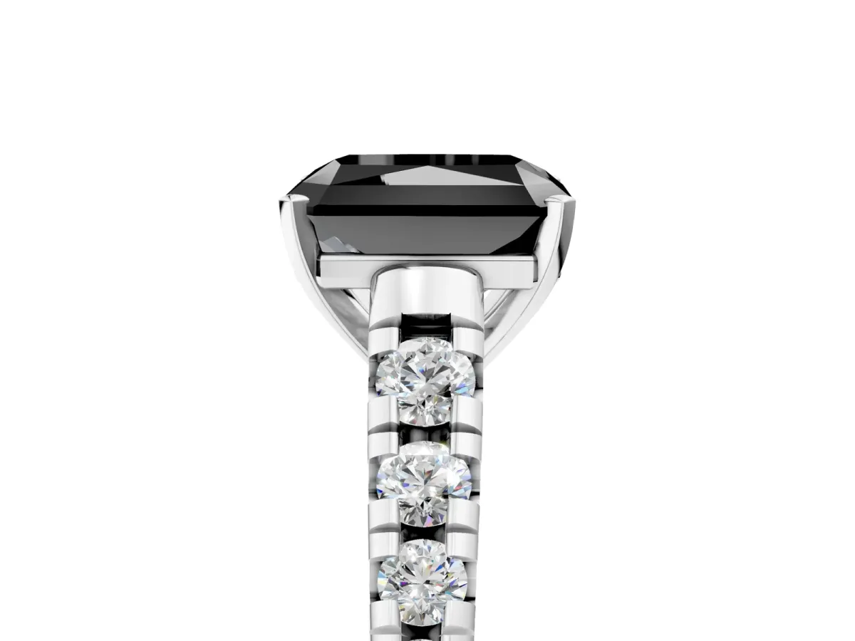 Fancy Black Radiant Cut Diamond Cathedral Solitaire Ring with Round Pavé Band Silver