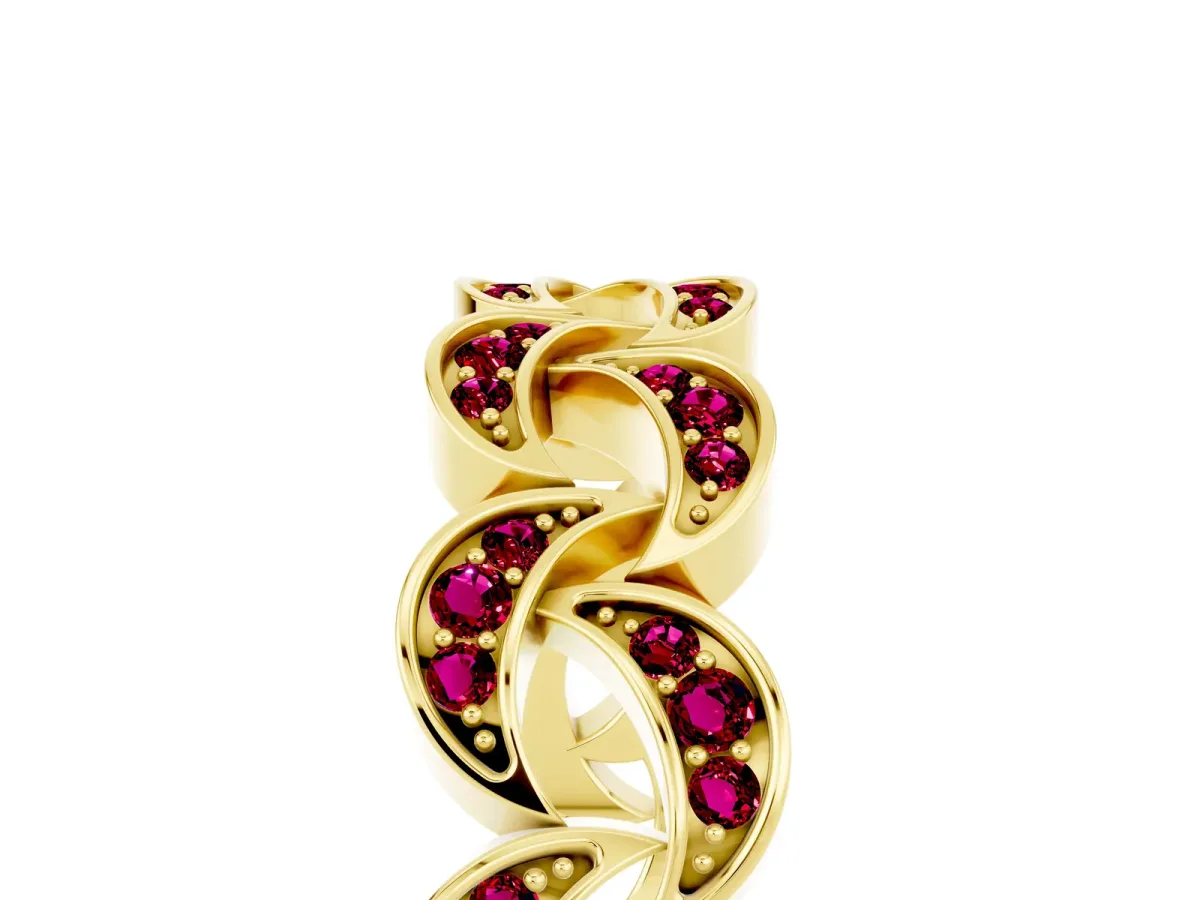 Pavé Round Garnet Interlocking Eternity Band with Bezel Prong Setting Yellow gold