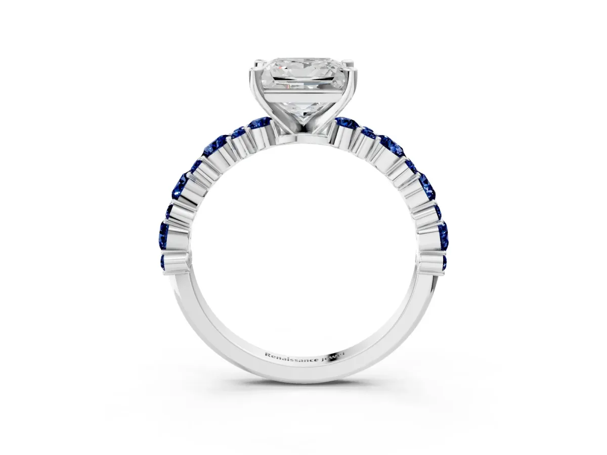 Princess Cut Diamond Side Stone Solitaire Ring with Round Blue Sapphire and Four-Prong Setting Platinum