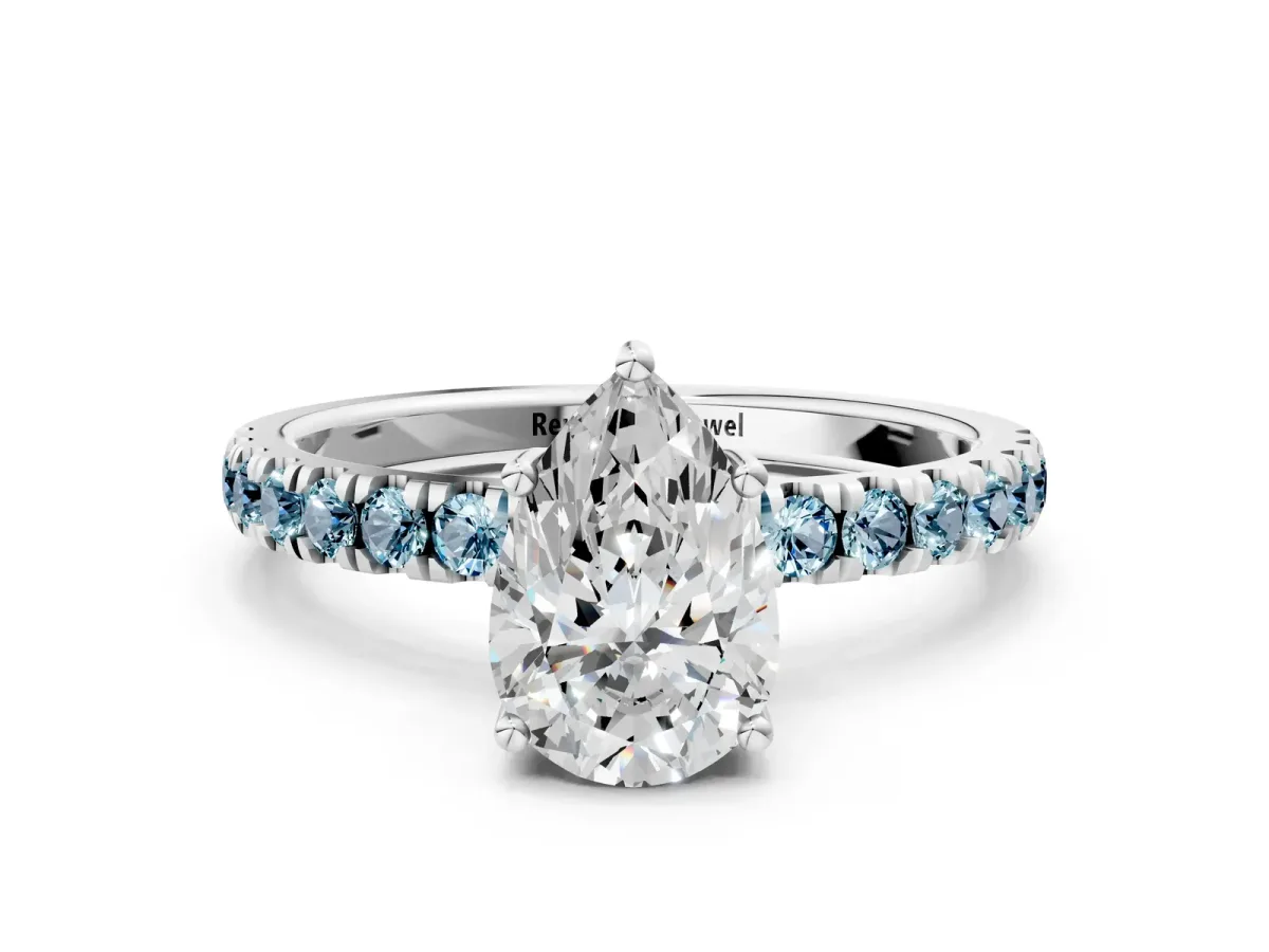 Pear Cut Diamond Pave Band Solitaire Ring with Round Aquamarine and Prong Setting Platinum