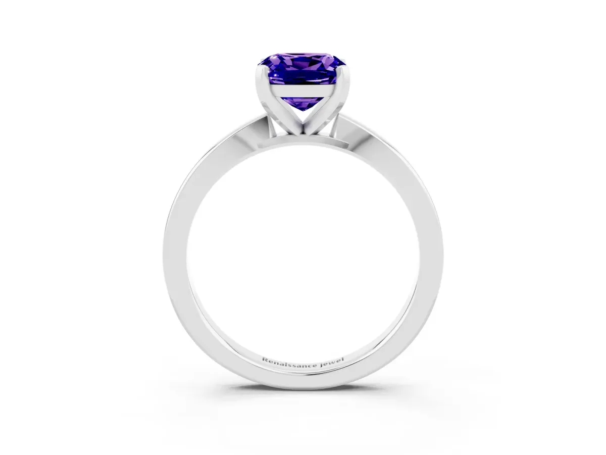 Cushion Cut Tanzanite Solitaire Engagement Ring with Classic Band and Four-Prong Setting Silver