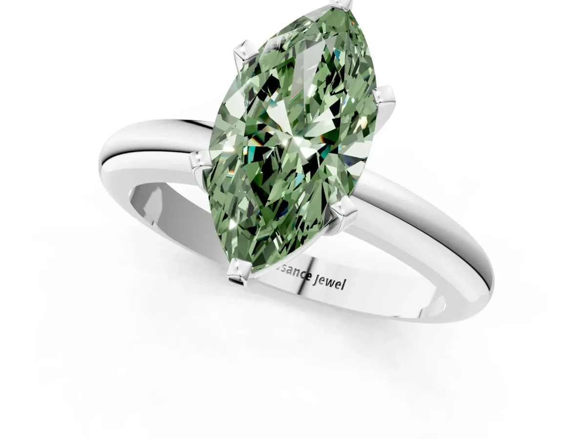 Fancy Green Marquise Cut Diamond Solitaire Engagement Ring with Round Band and Four-Prong Setting Silver
