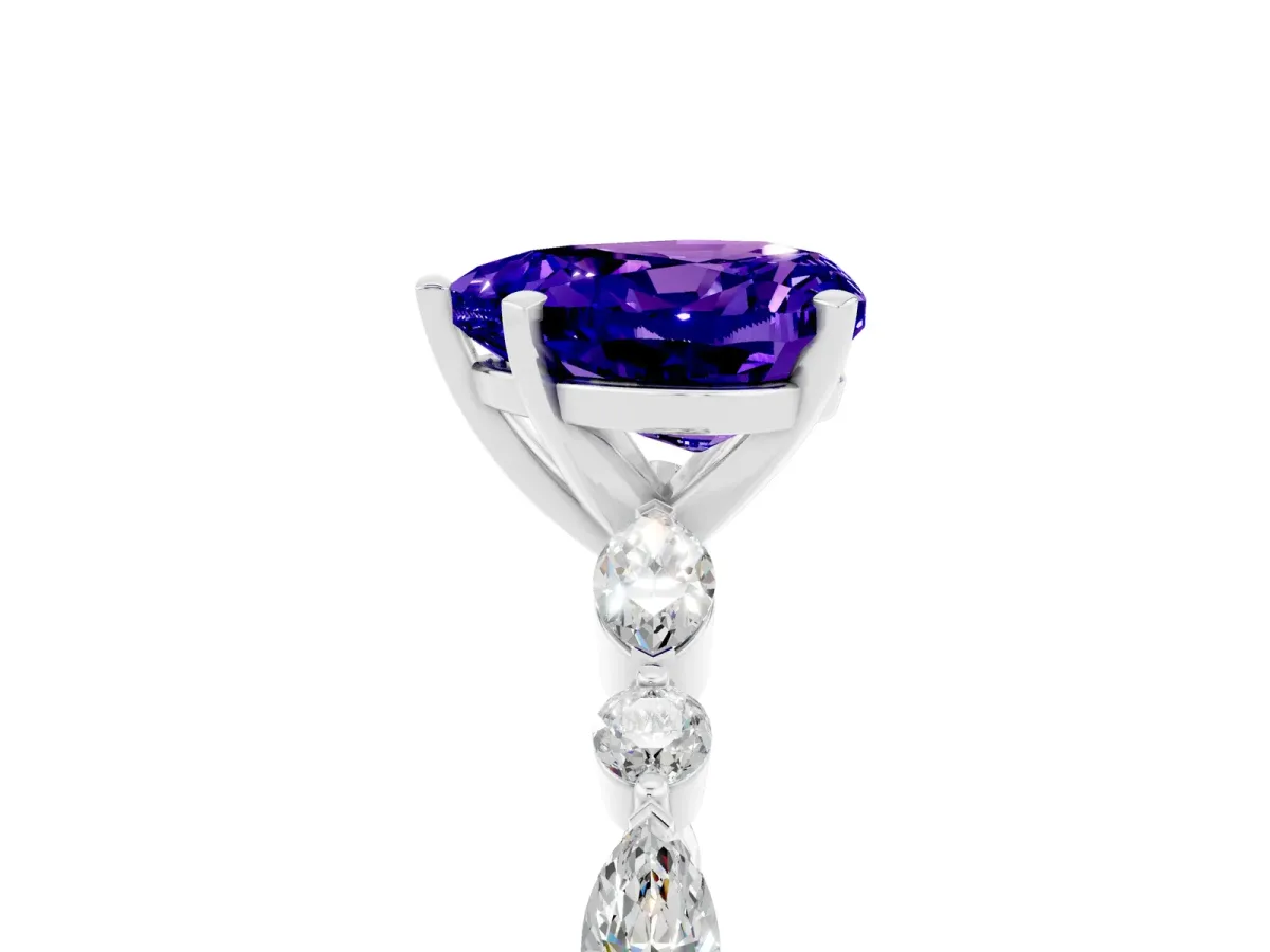 Heart Cut Tanzanite Ring with Marquise and Round Side Stones and Four-Prong Setting Silver