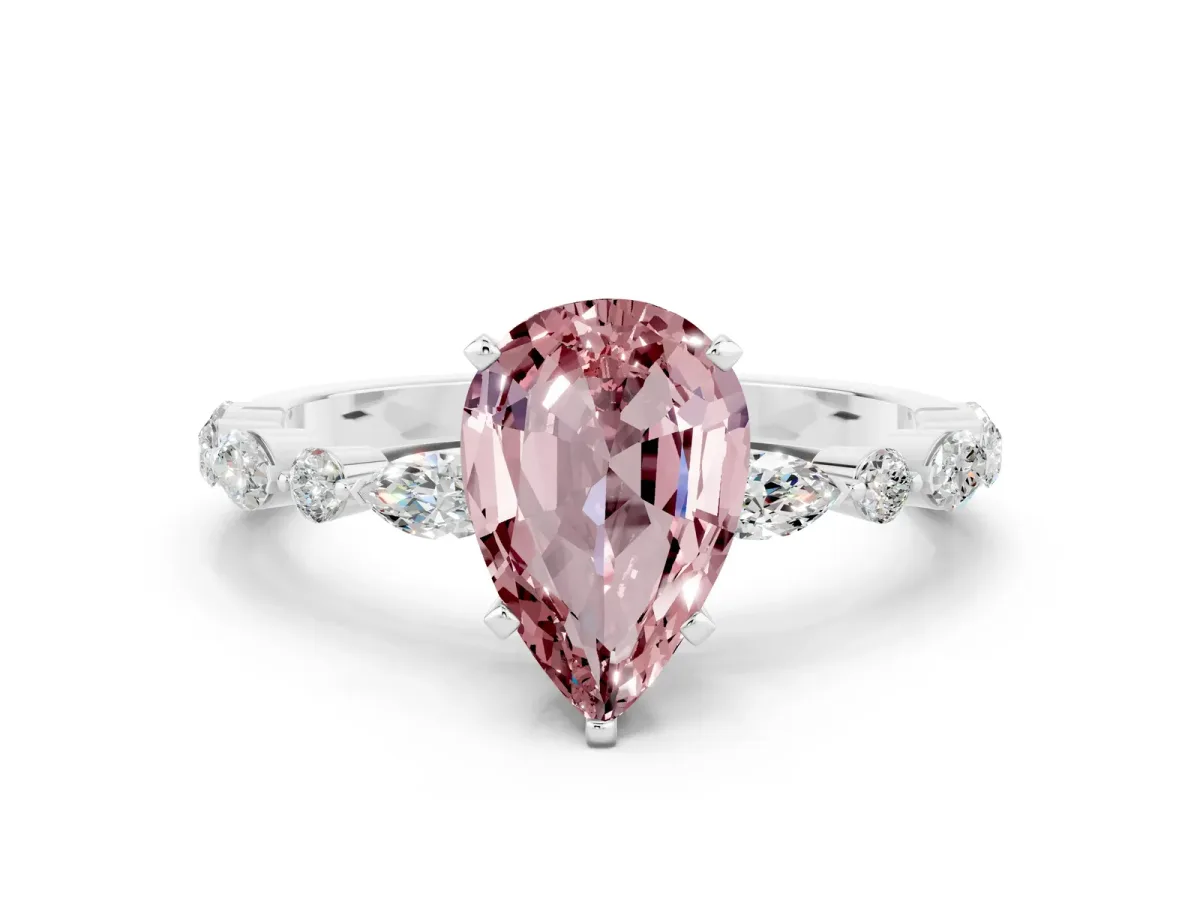 Pear Cut Morganite Ring with Marquise and Round Side Stones and Four-Prong Setting White gold