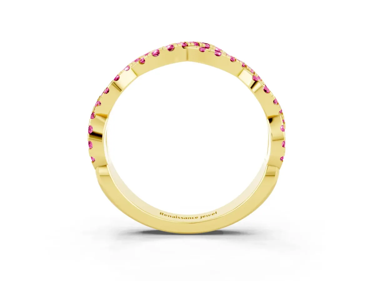 Round Pink Sapphire Twisted Eternity Band with Pavé and Shared Prong Setting Yellow gold