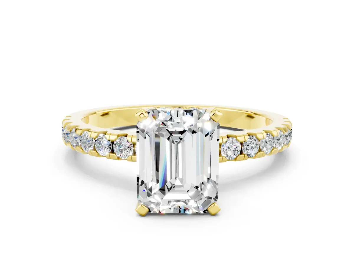 Emerald Cut Moissanite Solitaire Ring with Round Pavé Band and Four-Prong Setting Yellow gold