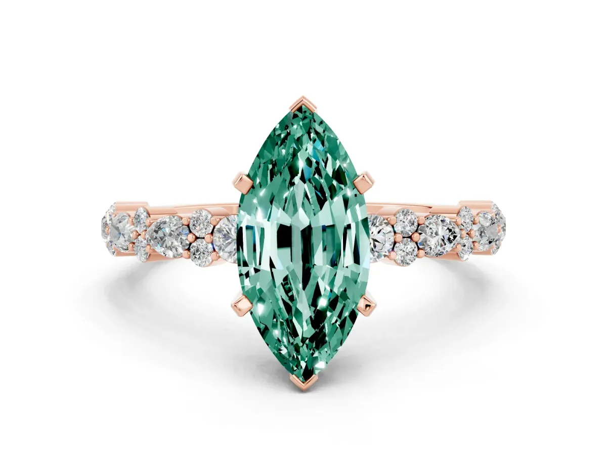 Marquise Cut Green Sapphire Side Stone Solitaire Ring with Round and Four-Prong Setting Rose gold