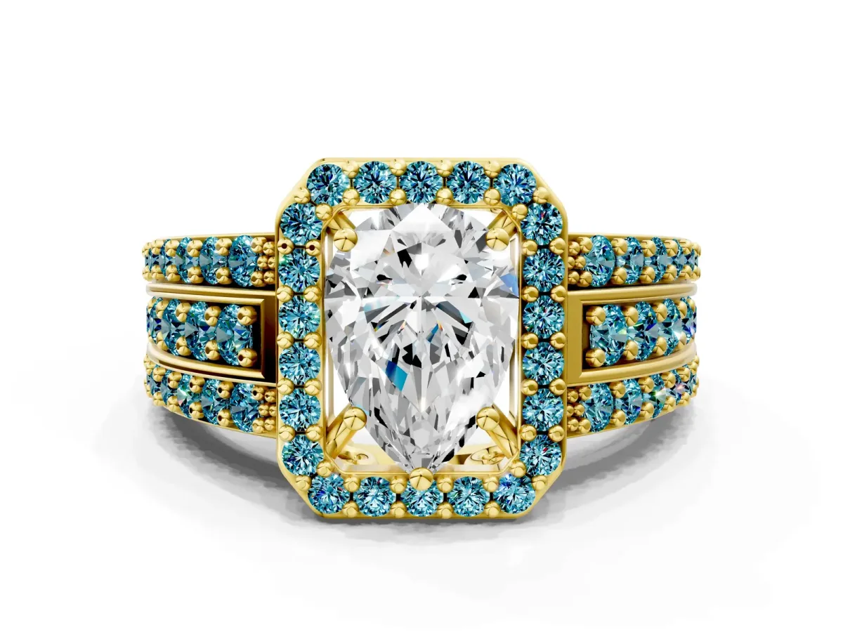 Pear Cut Halo Diamond Ring with Round Blue Topaz Split Shank and Prong Setting Yellow gold