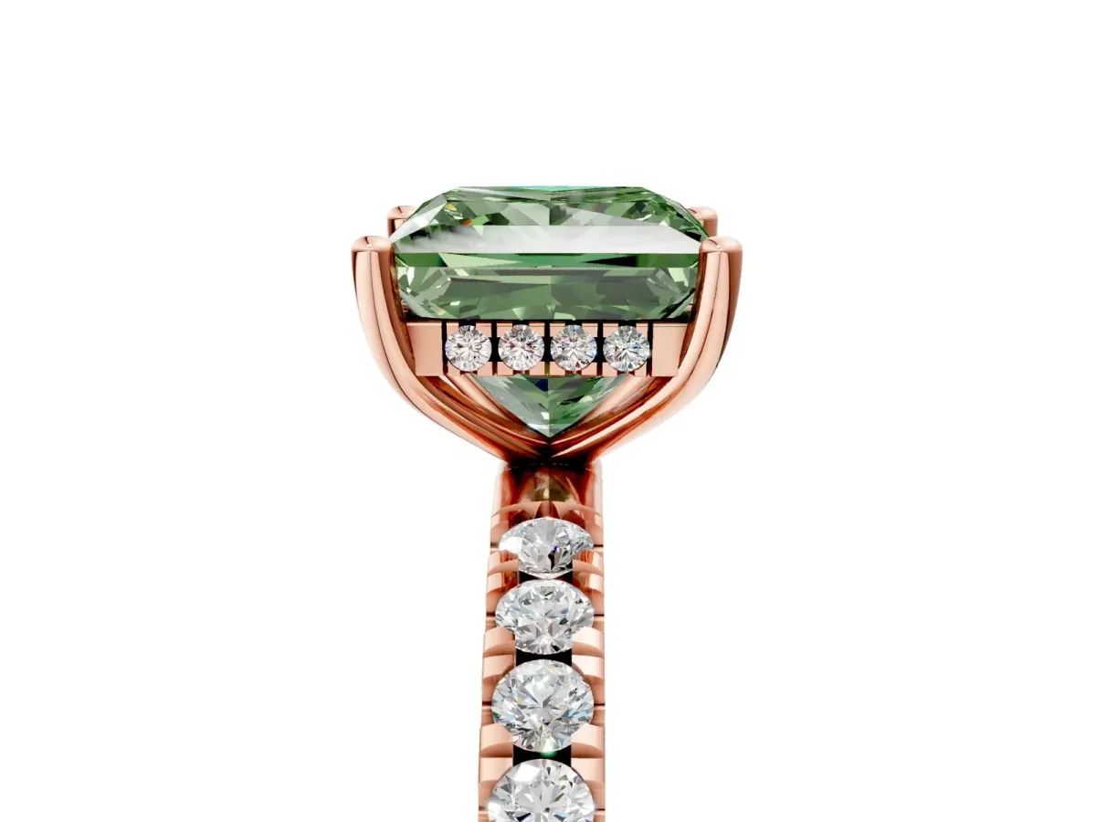 Fancy Green Princess Cut Diamond Pave Band Solitaire Ring with Round and Prong Setting Rose gold