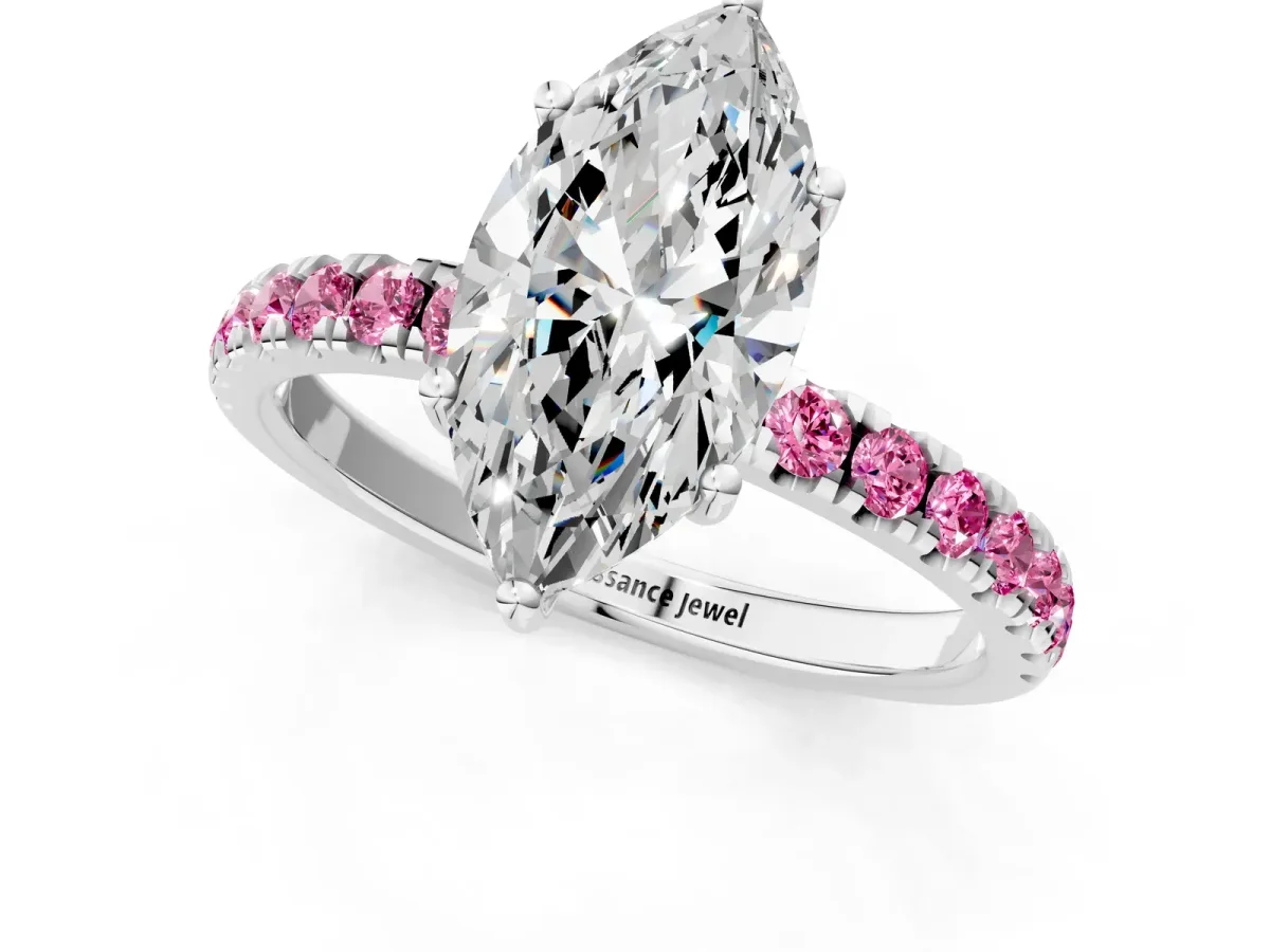 Marquise Cut Diamond Pave Band Solitaire Ring with Round Pink Sapphire and Prong Setting Silver