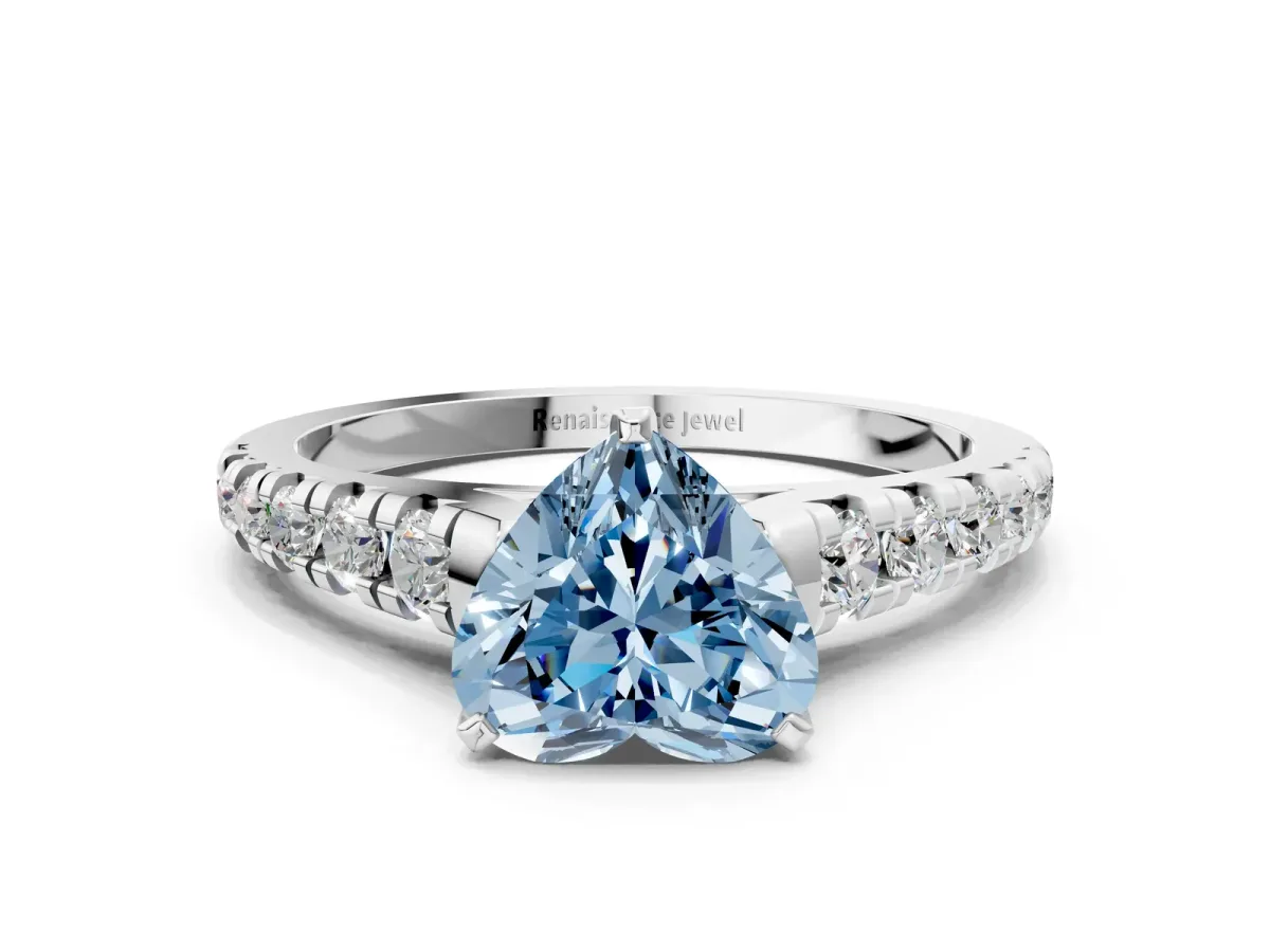 Fancy Blue Heart Cut Diamond Cathedral Solitaire Ring with Round Pavé Band White gold
