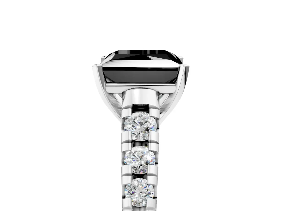Fancy Black Princess Cut Diamond Cathedral Solitaire Ring with Round Pavé Band Silver
