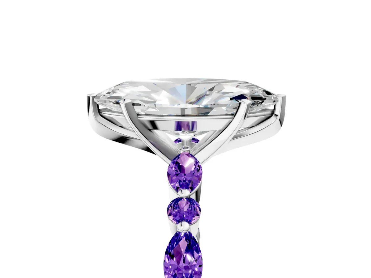 Marquise Cut Diamond Ring with Marquise and Round Tanzanite Side Stones and Four-Prong Setting Platinum