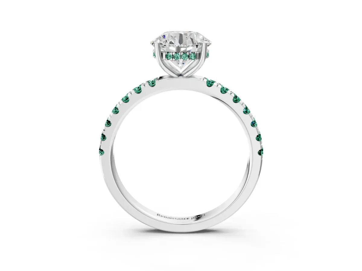 Round Cut Diamond Pave Band Solitaire Ring with Round Green Sapphire and Prong Setting Platinum