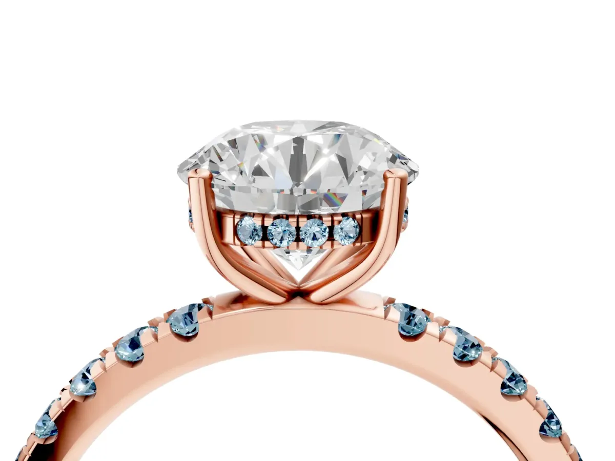 Round Cut Diamond Pave Band Solitaire Ring with Round Aquamarine and Prong Setting Rose gold