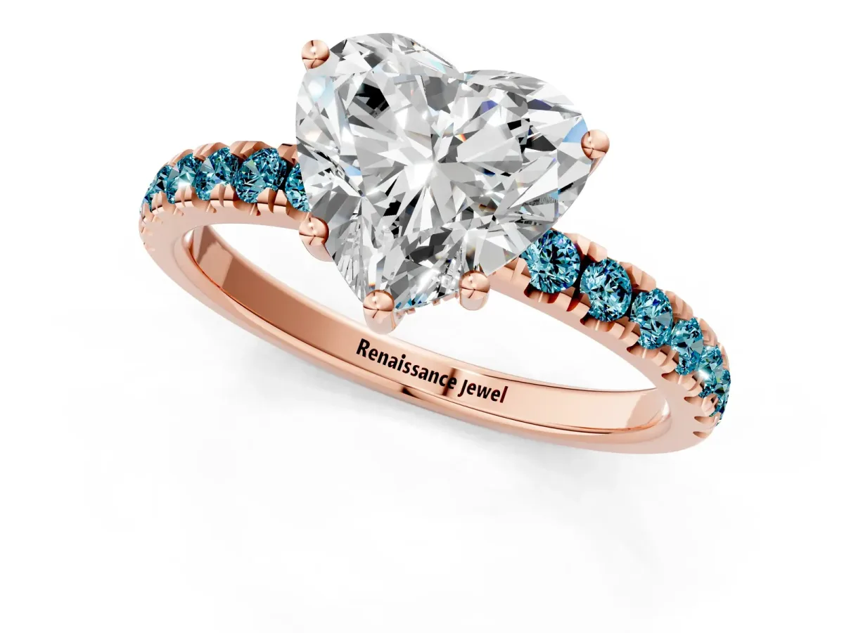 Heart Cut Diamond Pave Band Solitaire Ring with Round Blue Topaz and Prong Setting Rose gold