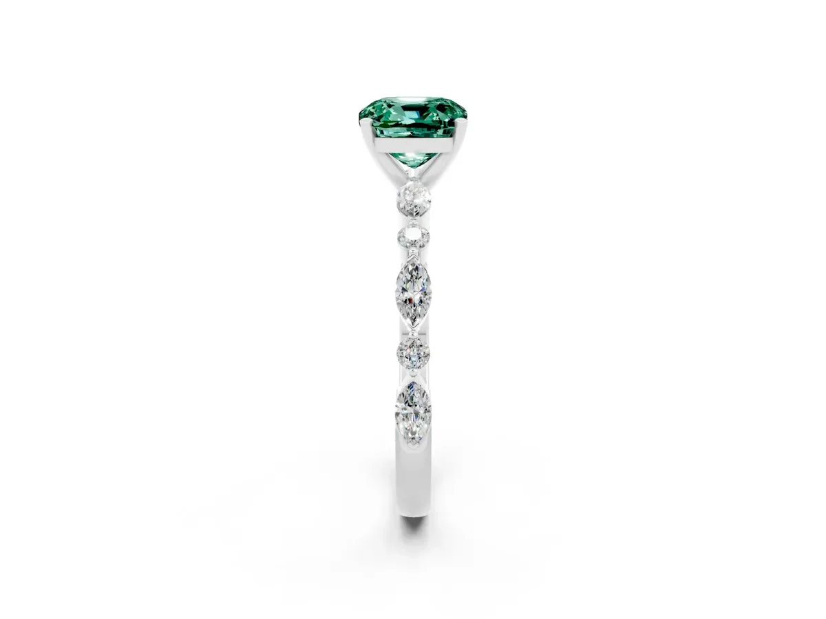 Cushion Cut Green Sapphire Ring with Marquise and Round Side Stones and Four-Prong Setting Silver