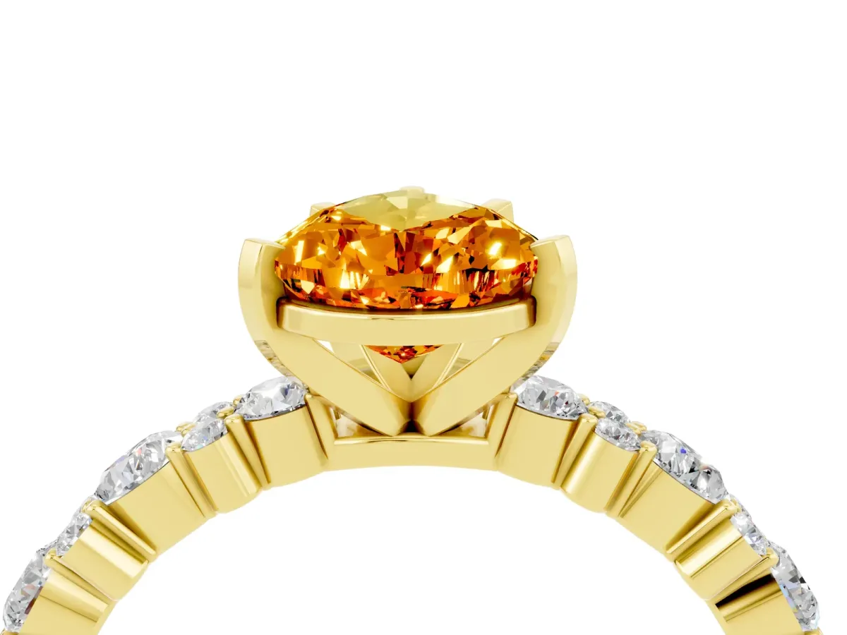 Pear Cut Citrine Side Stone Solitaire Ring with Round and Four-Prong Setting Yellow gold
