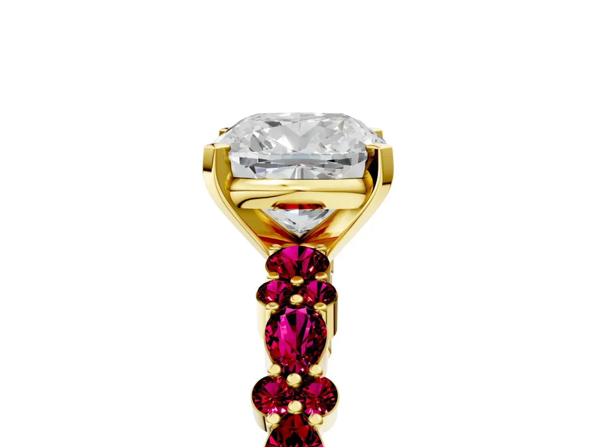 Cushion Cut Diamond Side Stone Solitaire Ring with Round Garnet and Four-Prong Setting Yellow gold