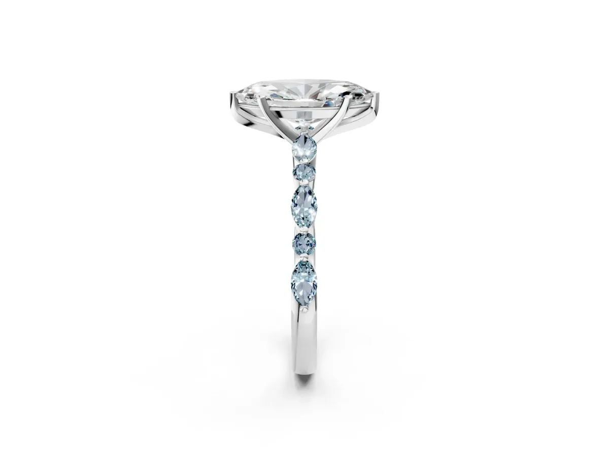 Marquise Cut Diamond Ring with Marquise and Round Aquamarine Side Stones and Four-Prong Setting Silver