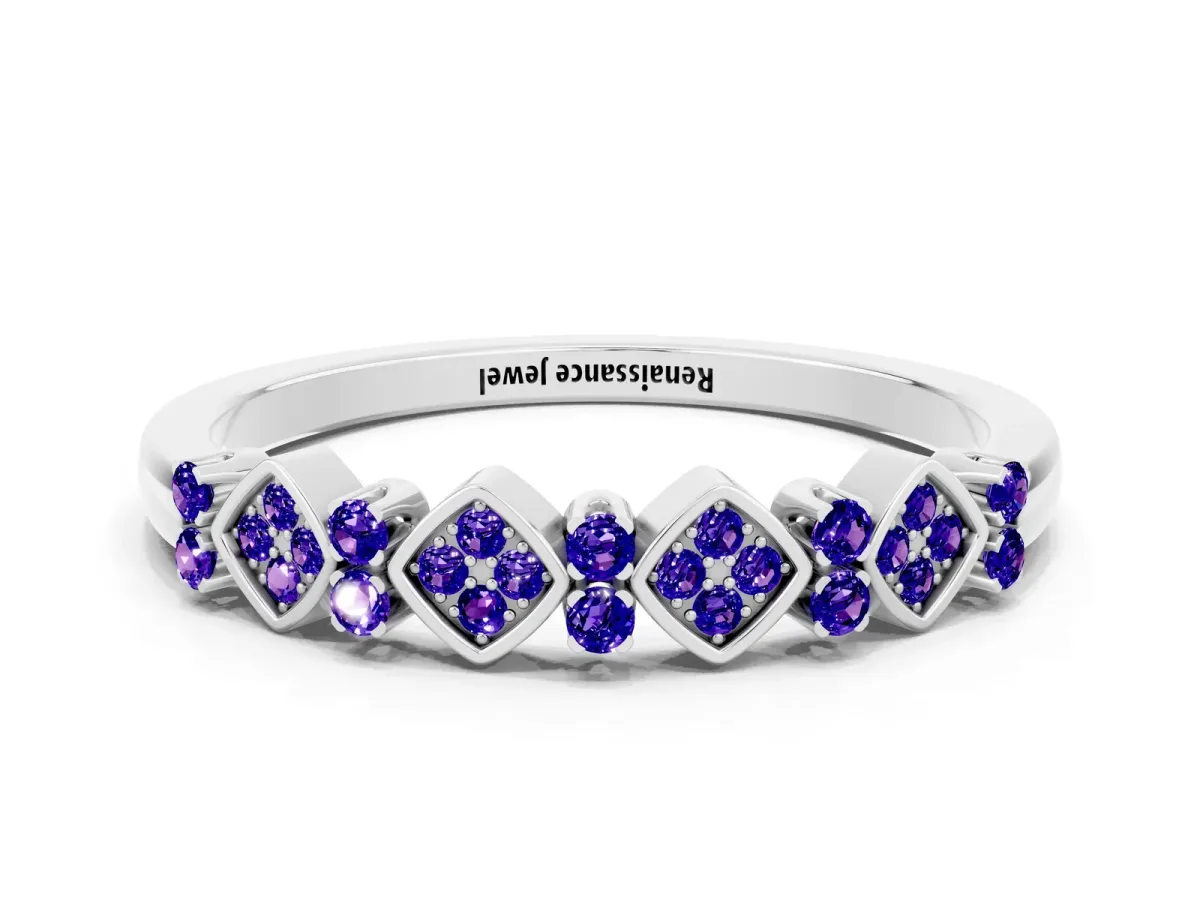 Pavé Cushion Tanzanite Cluster Eternity Band with Prong Setting Platinum